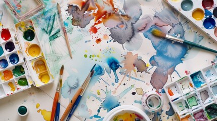Fototapeta premium A vibrant artist's workspace filled with colorful watercolor paints, brushes, and abstract splashes creating a creative and inspiring atmosphere.