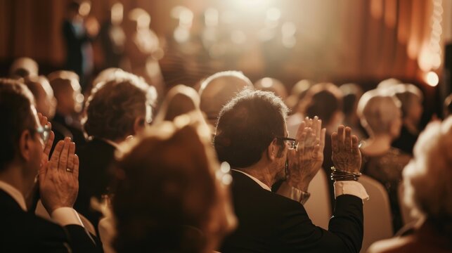 An audience clapping enthusiastically in a warmly lit venue, capturing a moment of appreciation and celebration.