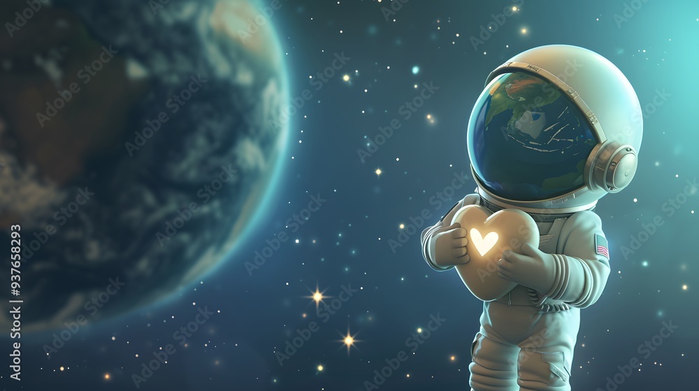 Aufkleber a charming 3d astronaut hugging earth with a heart-shaped constellation in the background ai generat