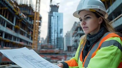 Focused Female Engineer Examines Construction Plans Amidst Bustling Worksite