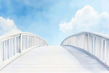A serene image of a white bridge leading towards a bright blue sky and fluffy clouds, evoking a sense of calm and tranquility.