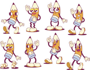 Pencil retro groovy mascot set