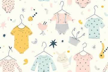 Seamless pattern with baby clothes, hangers, stars, and cute animals.