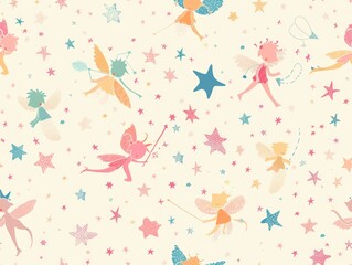 Fototapeta premium Seamless pattern of cute fairies with wings flying among the stars.