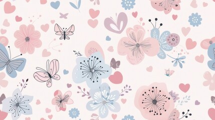 Seamless pattern with pink and blue flowers, hearts, and butterflies on a white background.