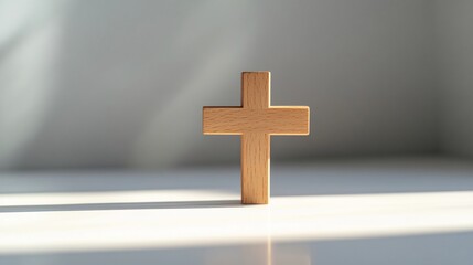 Naklejka premium Minimalist Wooden Cross on Smooth White Surface