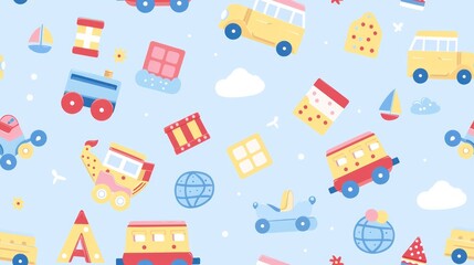 Obraz premium Colorful Toy Cars, Trucks, Trains, and Other Objects on a Blue Background.