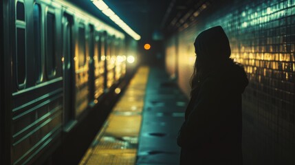 A dimly lit subway platform where a figure in silhouette stands as a train approaches, capturing a moment of urban isolation and nocturnal atmosphere.