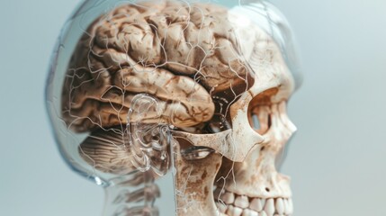 Fototapeta premium A beautifully detailed anatomical display of a skull with exposed brain tissue, highlighting the intricate complexities of the human head.