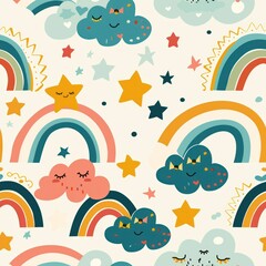 Seamless pattern with colorful rainbows, clouds, stars, and hearts.