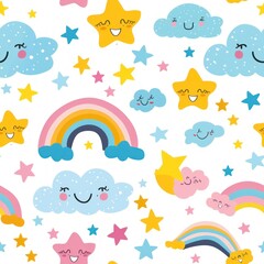Seamless pattern with rainbows, clouds and stars with cartoon faces.