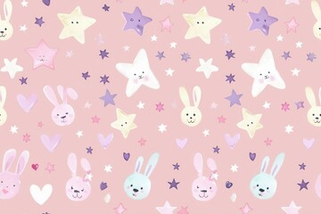 Seamless pink pattern with bunnies, stars, and hearts.