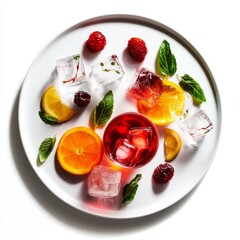 Top view of a refreshing drink with orange slices rosemary and ice in a round glass.
