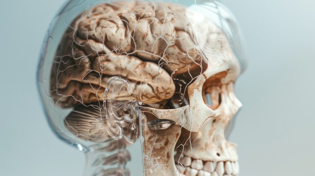 A beautifully detailed anatomical display of a skull with exposed brain tissue, highlighting the intricate complexities of the human head.