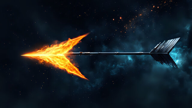 Burning fire arrow on black background. Dark space background with glowing sparks. Generative AI