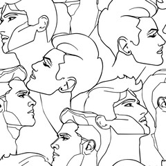 Abstract Male Faces One Line Drawing Seamless Pattern. Creative Contemporary Abstract Line Drawing of Men Heads Texture. Modern Fashion Vector Minimalist Design for Print, Poster, Fabric, Surface