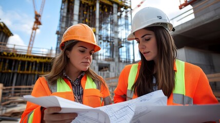 Two Female Construction Foremen Examining Blueprints at Bustling Construction Site