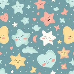 Seamless pattern with cute cartoon stars, hearts, and clouds on a blue background.
