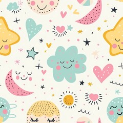 Seamless pattern with cute cartoon clouds, stars, hearts, and moon on a white background.