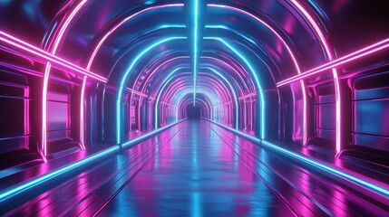 Vibrant Neon Tunnel of Light and Reflection
