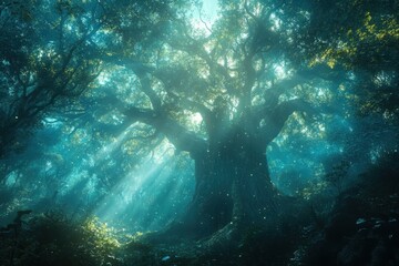 Obraz premium Enchanting Forest with a Giant Tree and Glowing Lights