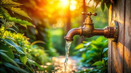 rustic nostalgia drips from worn copper faucet as clear water flows amidst surrounding verdant foliage evoking sentimental longing in warm golden afternoon light