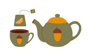 Charming Green Tea Set Featuring Teapot, Cup, Teabag with Acorn and Heart Design, Isolated Hand Drawn Vector Illustration Perfect for Autumn and Fall Indoor Decor.