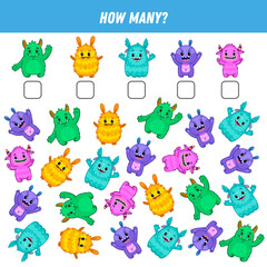How many cartoon monsters are there. Count the number of funny monsters. Math worksheet for kids.
