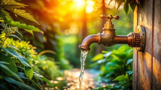 rustic nostalgia drips from worn copper faucet as clear water flows amidst surrounding verdant foliage evoking sentimental longing in warm golden afternoon light