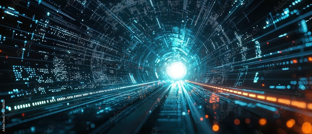 Poster futuristic sci-fi tunnel with glowing lights and digital data streams