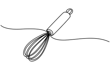 Beater Continuous Line Icon, Whisk Kitchen Icon In Line Style, Beater Continuous Line Icon, Vector continuous one single line drawing icon of whisk in silhouette on a white background. Linear stylized