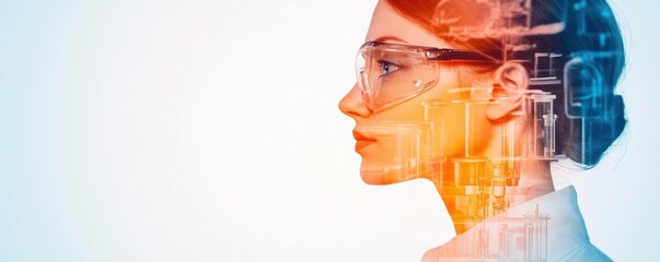 A woman scientist with protective eyewear, showcasing a modern, innovative approach to technology and research.