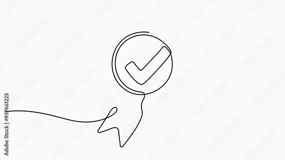 Poster award badge with checkmark continuous one line drawing animation. approval check ribbon contour wave