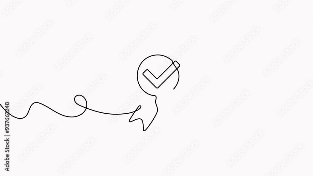 Poster award badge with checkmark continuous one line drawing animation. approval check ribbon contour wave