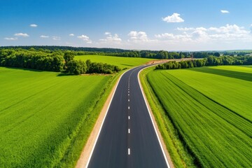 Fototapeta premium Aerial view of a winding road surrounded by lush green fields under a bright blue sky with fluffy clouds.
