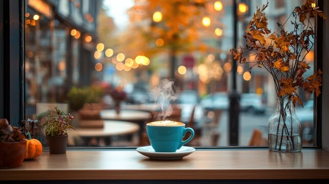 A coffee shop window decorated for fall, with a cozy seating area visible inside. A steaming cup of coffee on the table invites customers to enjoy a warm drink on a chilly autumn day.