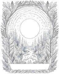 Round frame with forest, river and sun. Hand drawn vector illustration