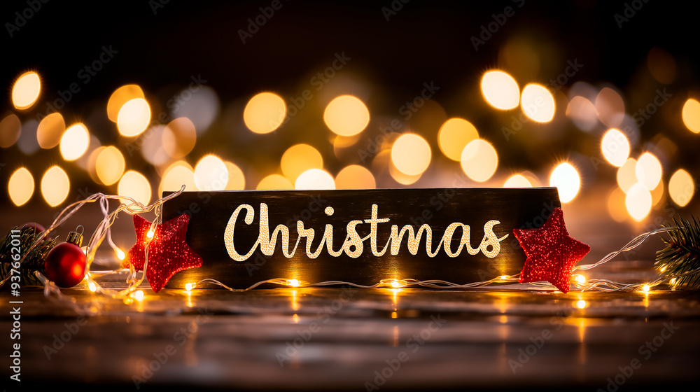 Fototapete merry christmas text with christmas on corner over rustic wooden background and with sparkles and bo
