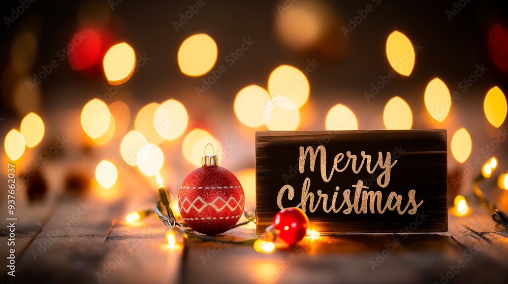 Fototapete merry christmas text with christmas on corner over rustic wooden background and with sparkles and bo