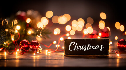 Merry Christmas Text with Christmas on Corner Over Rustic Wooden Background and with sparkles and bokhe