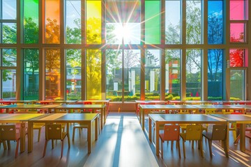Bright and colorful classroom with large windows and vibrant stained glass