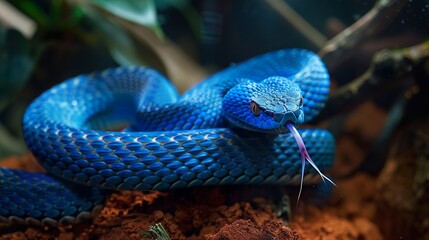 Blue viper snake flicking its forked tongue, capturing a scent in its environment.