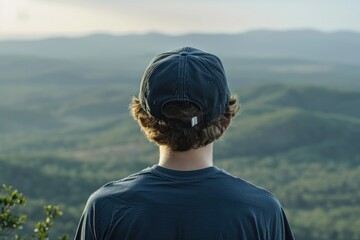 Sports team cap logo visible on wearer looking at scenic view