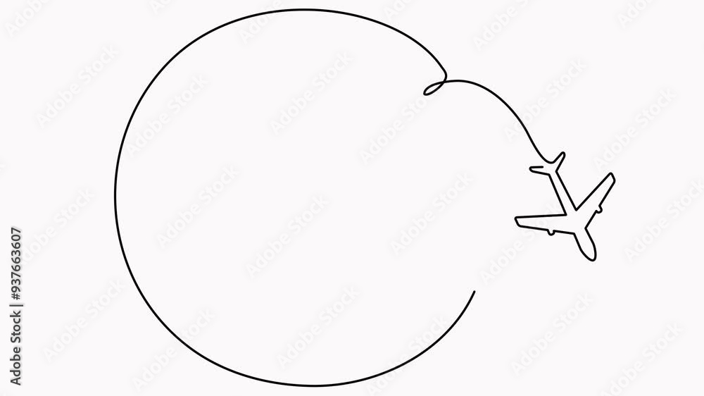 Poster world map with flying airplane one line art animated video. continuous earth globe line drawing anim