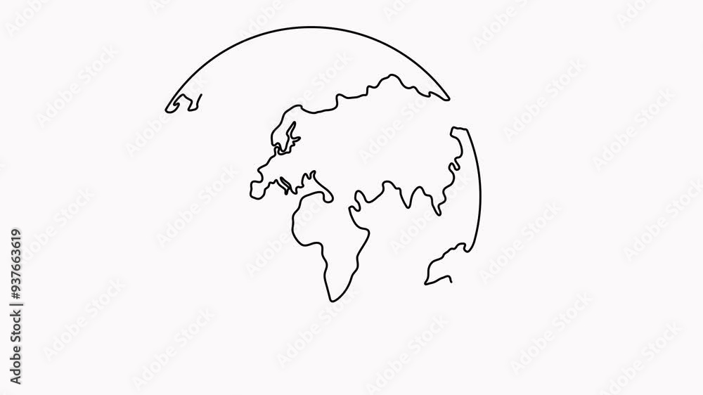 Poster world map with flying airplane one line art animated video. continuous earth globe line drawing anim