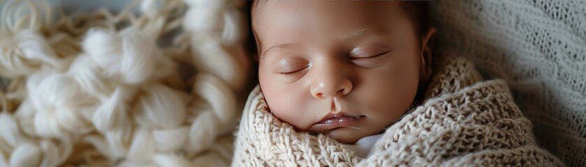 A newborn baby sleeping peacefully in a knitted blanket.