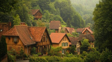 Obraz premium Charming Quaint Village in Lush Forest Landscape