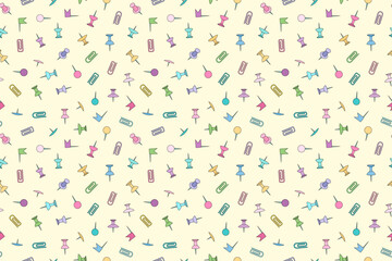 Colorful seamless pattern featuring various stationery items such as pushpins, paper clips, and flags. Perfect for back-to-school designs.
