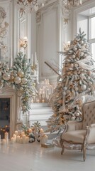 Fototapeta premium Amidst a cozy, elegantly decorated room, a stunning Christmas tree adorned with white garland radiates warmth. Surrounding it, flickering candles create a festive and inviting atmosphere