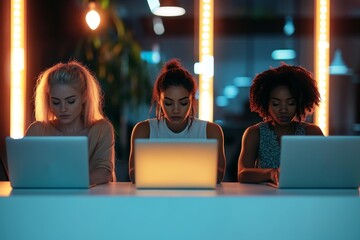 Three women working on laptops late at night in an office setting diverse group focus on work. High quality photo